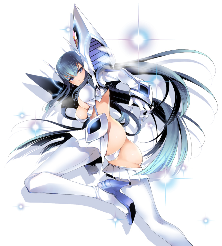 armor ass black_hair blue_eyes blue_hair boots breasts cleavage cleavage_cutout elbow_gloves gloves high_heels junketsu kill_la_kill kiryuuin_satsuki kotoji large_breasts long_hair looking_at_viewer revealing_clothes simple_background smile solo sparkle spikes thigh_boots thighhighs thong very_long_hair white_background white_gloves white_legwear