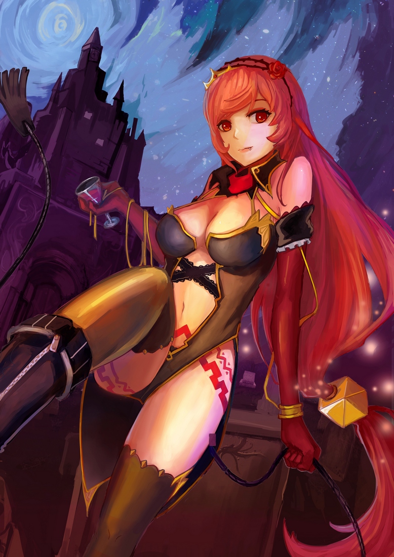 alcohol bass386 boots breasts center_opening cleavage fang halloween large_breasts long_hair original red_eyes red_hair solo thighhighs very_long_hair wine