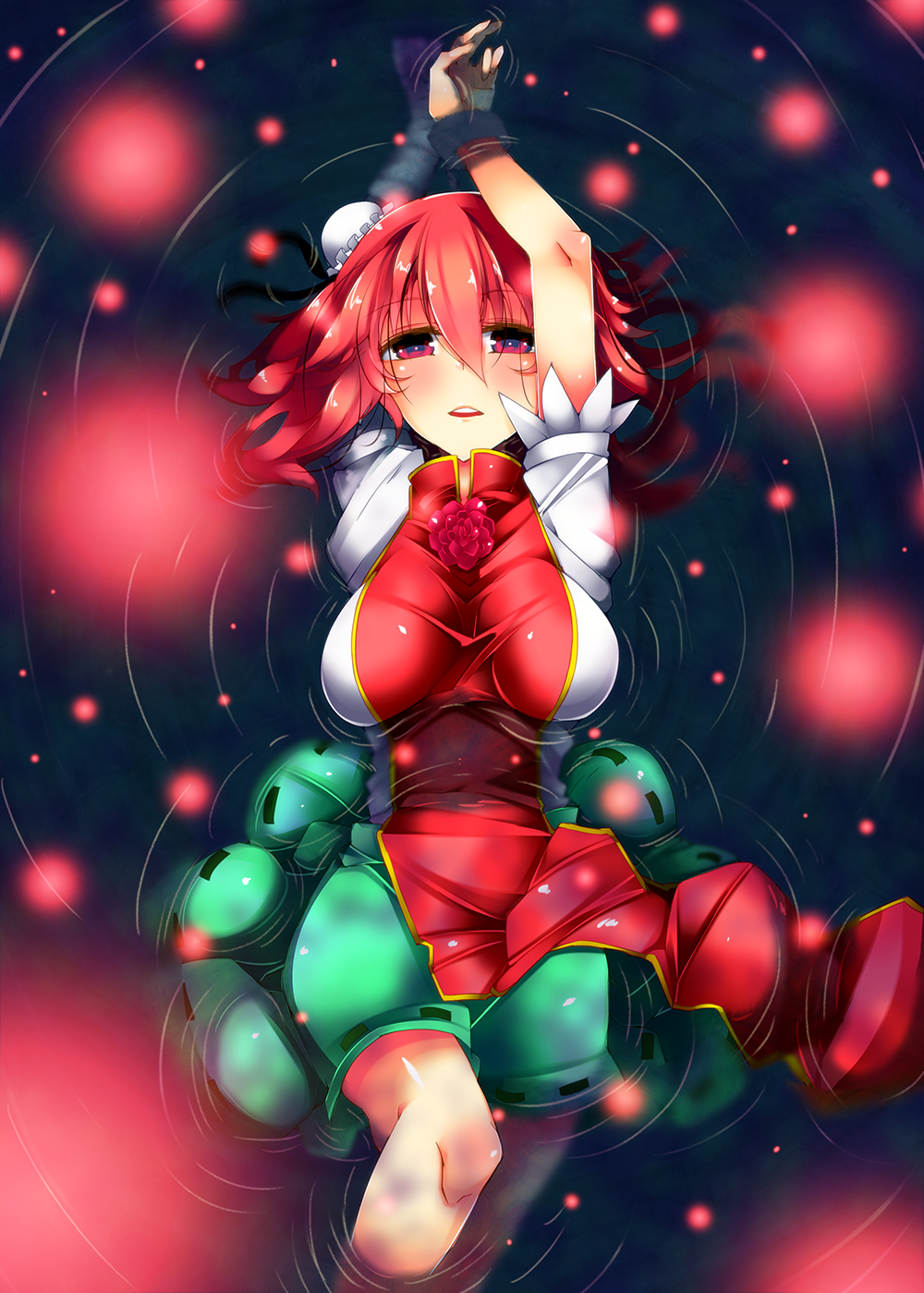 bandages blush breasts bun_cover chinese_clothes double_bun flower highres huge_breasts ibaraki_kasen impossible_clothes jyuuji long_hair open_mouth partially_submerged pink_hair red_eyes rose short_hair skirt solo tabard touhou water
