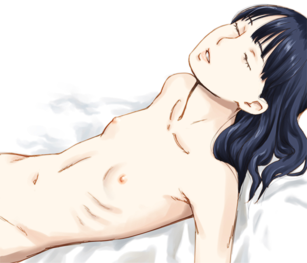 bad_id bad_pixiv_id black_hair closed_eyes collarbone flat_chest kaburagi_yuki long_hair lying navel nipples nude on_back original out-of-frame_censoring parted_lips ribs skinny solo stomach