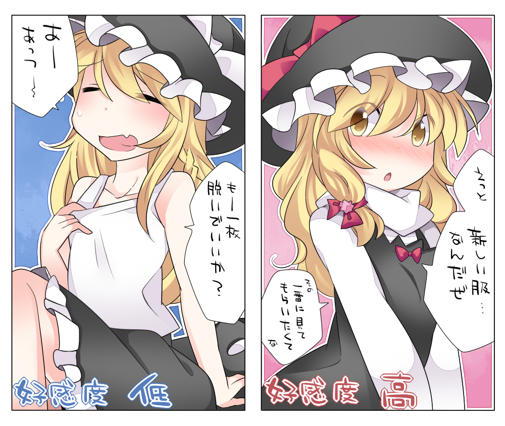 =_= bare_shoulders blonde_hair blush commentary_request fang hammer_(sunset_beach) hat kirisame_marisa long_sleeves looking_at_viewer open_mouth skirt skirt_set solo tank_top touhou translated yellow_eyes