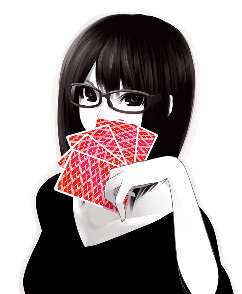 black_hair black_shirt card collarbone commentary covering_mouth english_commentary frown holding holding_card looking_at_viewer monochrome original playing_card poaro shirt solo spot_color upper_body v-neck white_background white_skin
