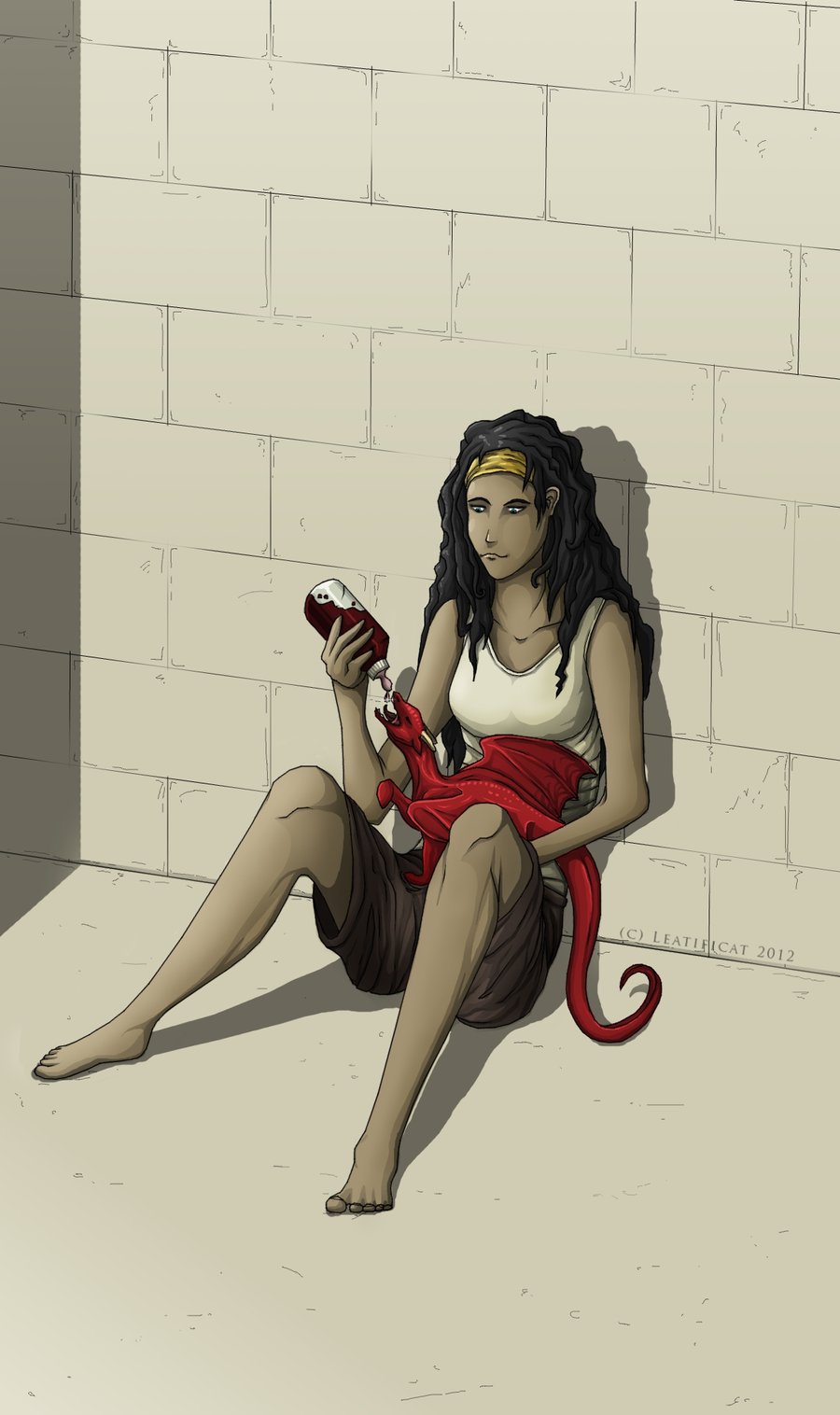 barefoot black_hair blood blue_eyes breasts clothing dragon drinking feeding female hair horn human juvenile leatificat long_hair mammal nursing shirt sitting tank_top wall wings