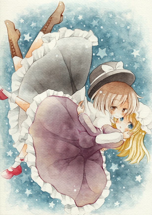 blonde_hair blue_eyes boots bow brown_eyes brown_hair dress falling frilled_skirt frills full_body hair_bow hair_ornament hand_on_another's_face hat hat_removed hat_ribbon headwear_removed hug juliet_sleeves kagome_f long_hair long_skirt long_sleeves looking_at_viewer maribel_hearn mob_cap multiple_girls open_mouth puffy_sleeves purple_dress ribbon shirt shoes short_hair skirt smile socks star touhou traditional_media usami_renko vest watercolor_(medium) white_legwear white_shirt