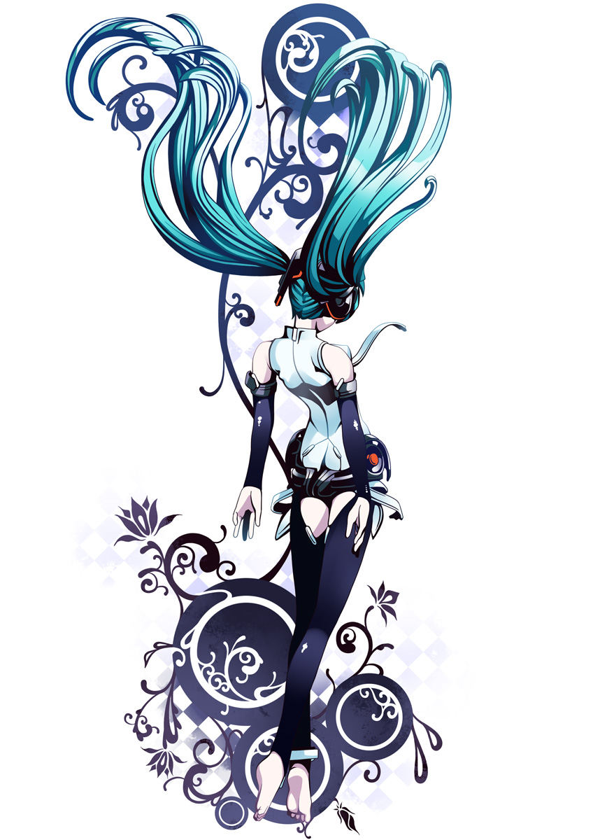 back barefoot detached_sleeves floating full_body green_hair hatsune_miku hatsune_miku_(append) headphones highres legs long_hair multicolored_hair necktie official_art simple_background solo torigoe_takumi twintails very_long_hair vocaloid vocaloid_append white_background