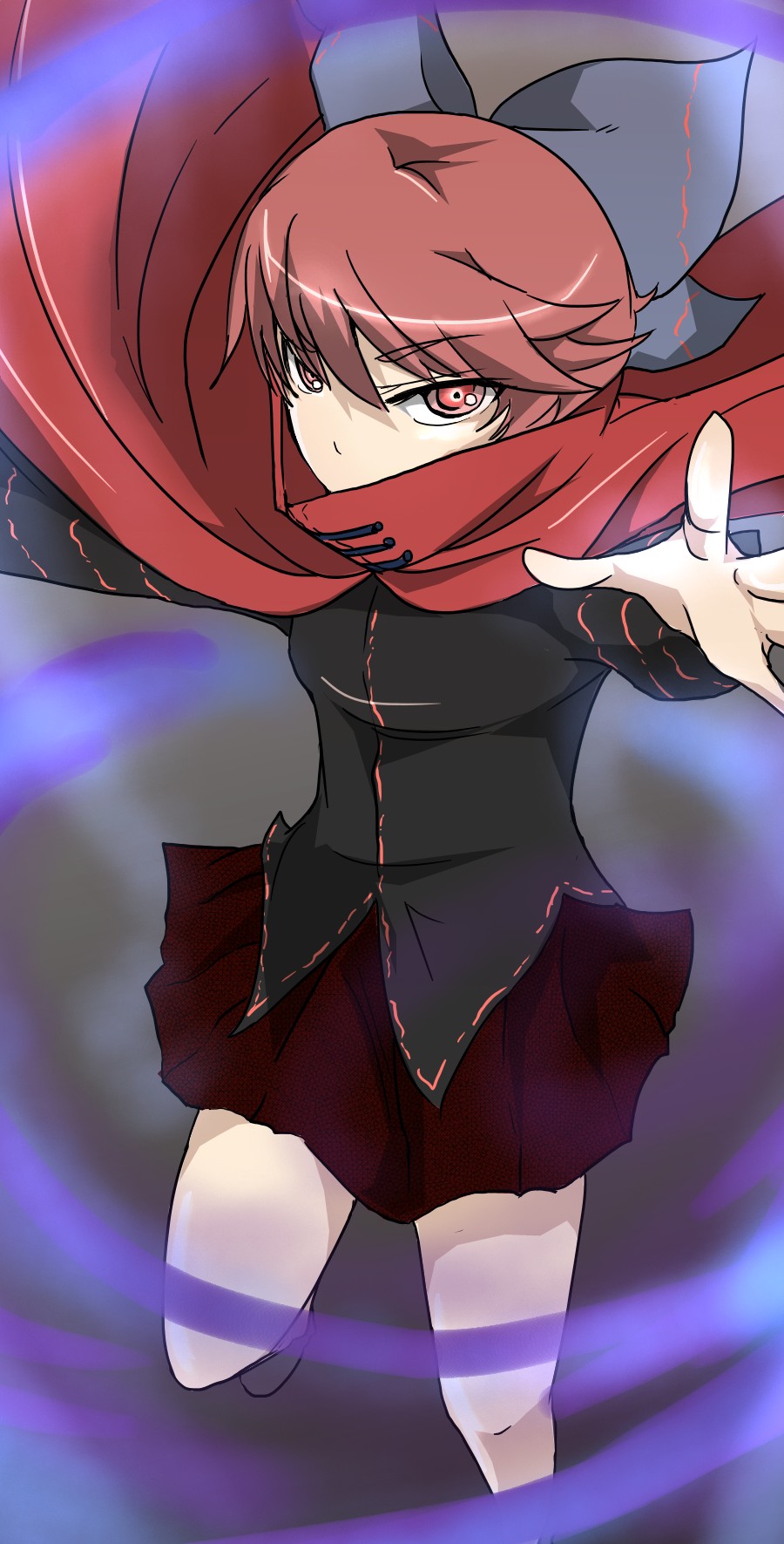 blue89 bow cape foreshortening hair_bow highres long_sleeves looking_at_viewer red_eyes red_hair sekibanki short_hair skirt solo touhou