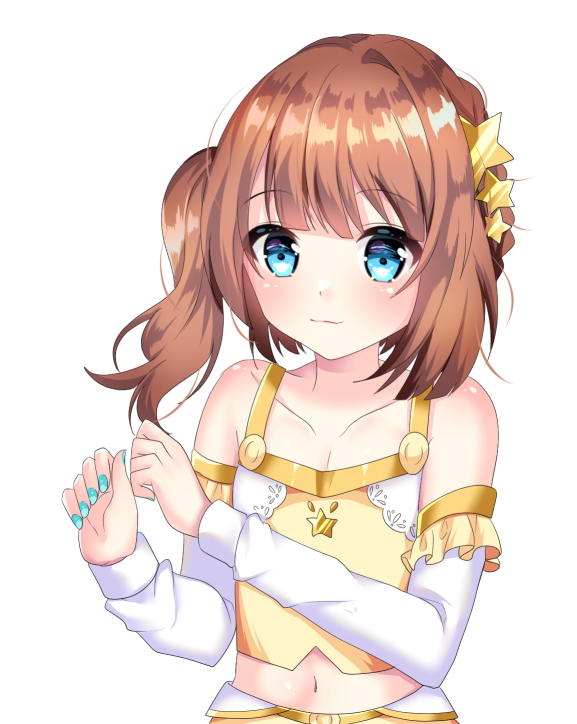 1girl arms_up bangs bare_shoulders blue_eyes blue_nails braid brown_hair collarbone detached_sleeves eyebrows_visible_through_hair french_braid hair_ornament light_smile looking_at_viewer midriff misaki_(misaki86) nail_polish navel original shiny shiny_hair shirt side_ponytail simple_background solo star star_hair_ornament upper_body white_background white_sleeves yellow_shirt