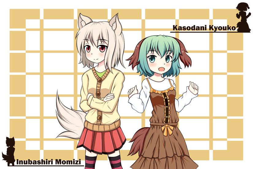 animal_ears arms_up brown_dress buttons character_name checkered checkered_background clenched_hands contemporary crossed_arms dress glance1109 green_eyes green_hair inubashiri_momiji kasodani_kyouko layered_dress long_sleeves looking_at_viewer looking_away multiple_girls open_mouth pink_hair pleated_skirt short_hair silhouette simple_background skirt smile striped striped_legwear sweater tail thighhighs touhou wolf_ears wolf_tail zettai_ryouiki