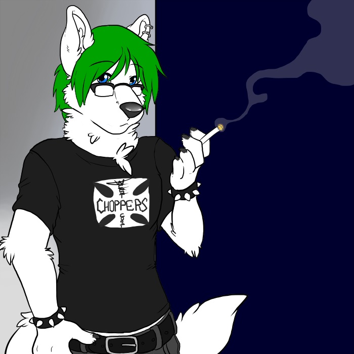 belt canine cigarette eyewear glasses green_hair hair male mammal mander piercing sniff_heinkel solo wolf