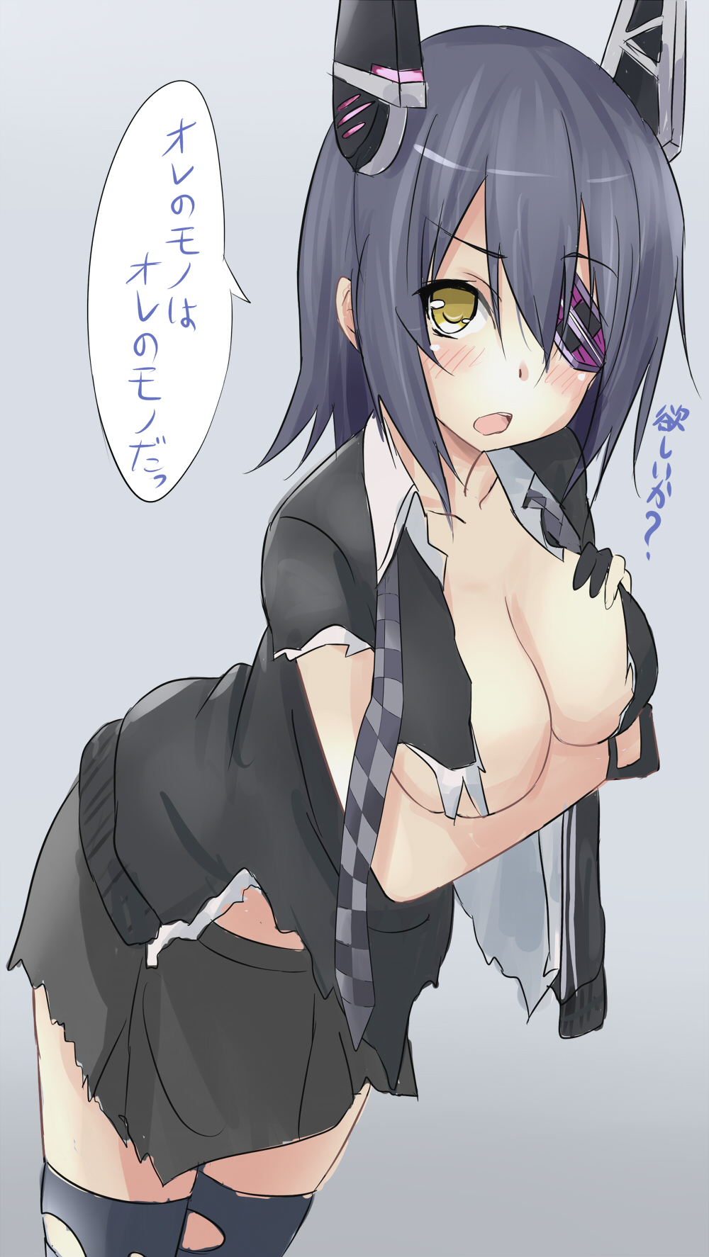 black_hair blush breast_hold breasts cardigan checkered checkered_neckwear dress_shirt eyepatch hair_ornament highres kantai_collection large_breasts long_hair looking_at_viewer necktie no_bra open_mouth saku_(kudrove) shirt skirt skirt_set solo tenryuu_(kantai_collection) thighhighs torn_clothes torn_legwear translated yellow_eyes