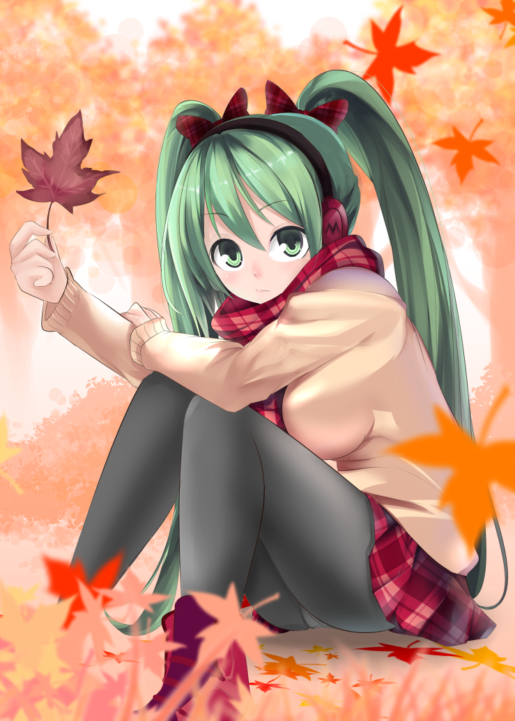 art_is_de4d autumn green_eyes green_hair hatsune_miku headphones leaf long_hair looking_at_viewer panties panties_under_pantyhose pantyhose plaid plaid_scarf plaid_skirt red_scarf scarf sitting skirt solo sweater twintails underwear vocaloid