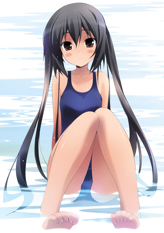 bare_legs barefoot black_hair blush_stickers brown_eyes frown k-on! long_hair looking_at_viewer nakano_azusa one-piece_swimsuit partially_submerged sakana school_swimsuit sitting solo swimsuit toe_scrunch twintails very_long_hair water