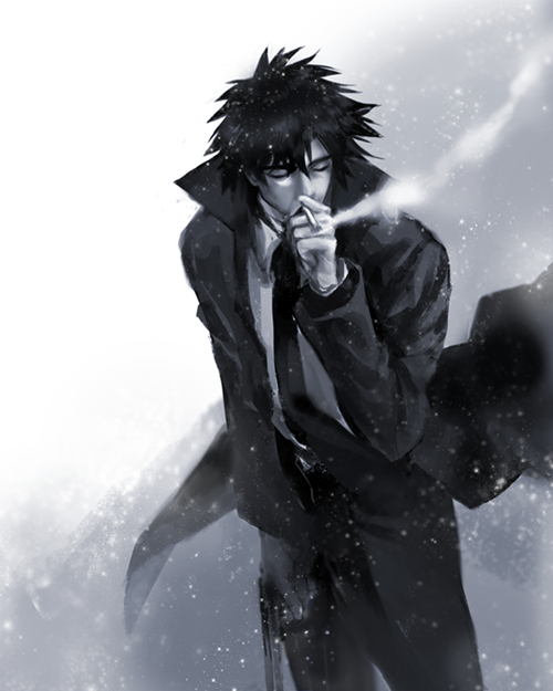 chacall cigarette emiya_kiritsugu fate/zero fate_(series) formal gun male_focus necktie smoking snow snowing solo suit weapon