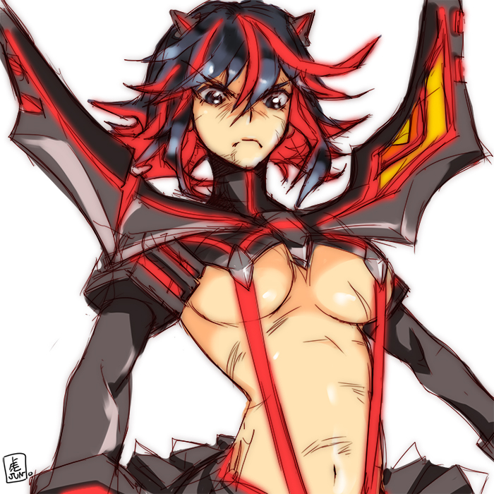 breasts frown kill_la_kill large_breasts matoi_ryuuko multicolored_hair navel revealing_clothes senketsu solo suspenders tora_jun two-tone_hair underboob