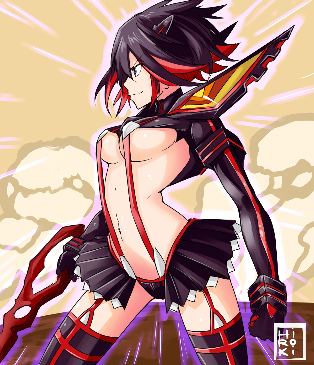 black_hair black_skirt blue_eyes breasts clenched_hands cowboy_shot eyeball hiroki_(hirokiart) holding holding_weapon kill_la_kill large_breasts matoi_ryuuko midriff navel perky_breasts pleated_skirt revealing_clothes scissor_blade senketsu sideboob skirt smirk standing suspenders thighhighs underboob weapon zettai_ryouiki