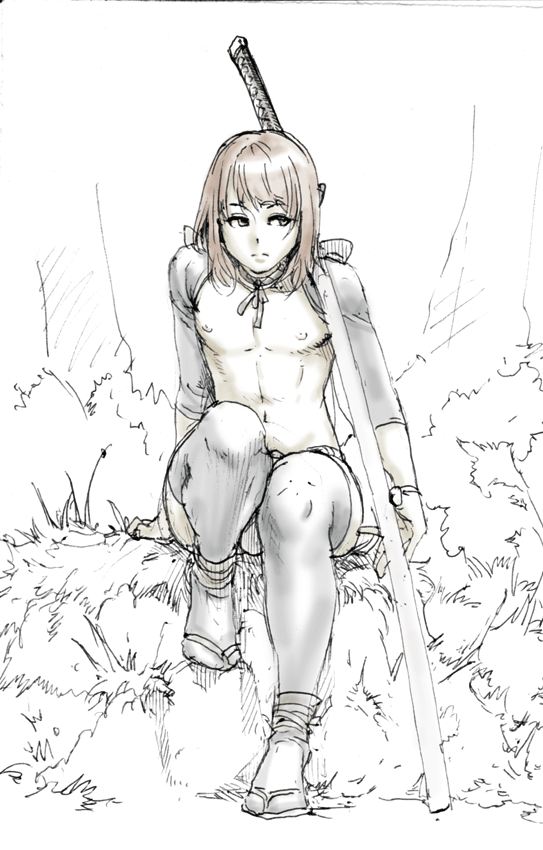 aian bare_chest brown_hair bulge forest fundoshi ironkat katana monochrome nature nipples nodachi pageboy penis sketch sleeves socks sword tabi thighhighs trap weapon