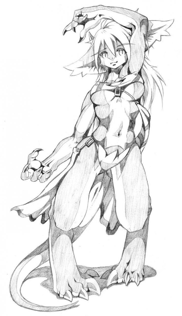 big_ears black_and_white breasts claws clothed clothing digitigrade dragon female fluffy hindpaw hybrid kokuryu monochrome navel nipples paws plain_background scalie skimpy solo straps under_boob white_background