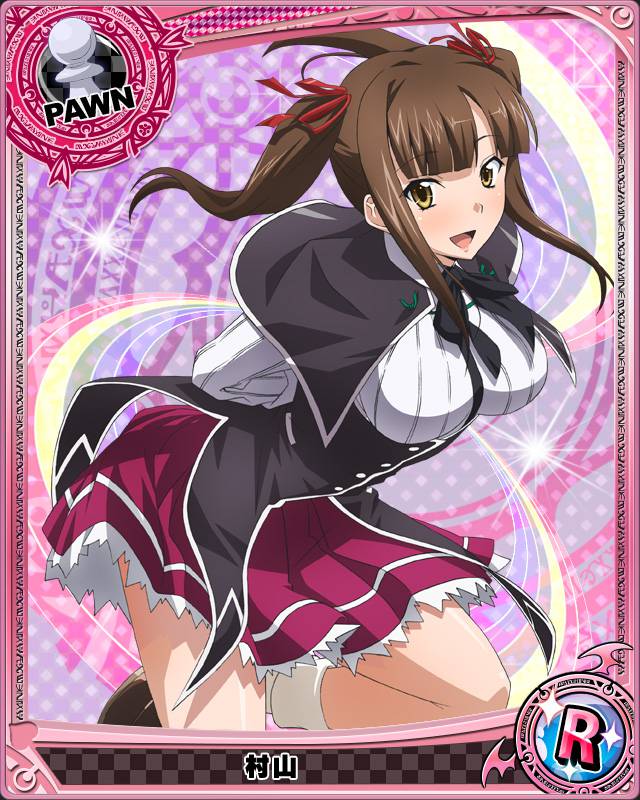 :d artist_request breasts brown_hair card_(medium) character_name chess_piece hair_ribbon high_school_dxd kuoh_academy_school_uniform large_breasts long_hair murayama_(high_school_dxd) non-web_source official_art open_mouth pawn ribbon school_uniform skirt smile solo thighhighs trading_card twintails uniform yellow_eyes