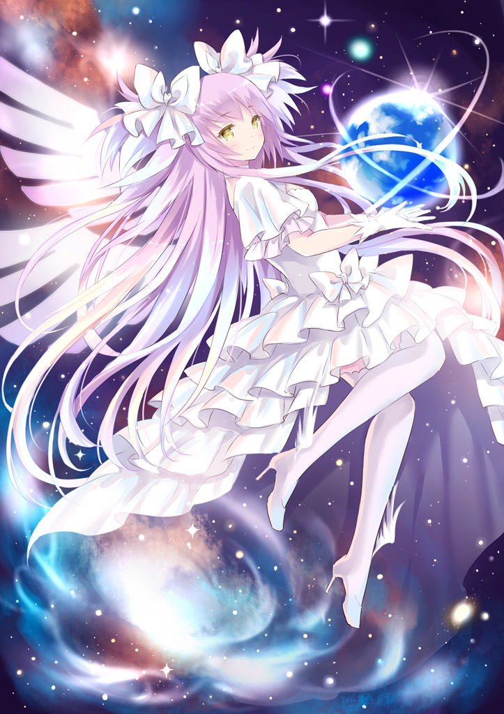 bow dress earth gloves hair_bow kaname_madoka long_hair mahou_shoujo_madoka_magica pink_hair ribbon shoes smile solo space spoilers thighhighs two_side_up ultimate_madoka wataame27 white_gloves winged_shoes wings yellow_eyes