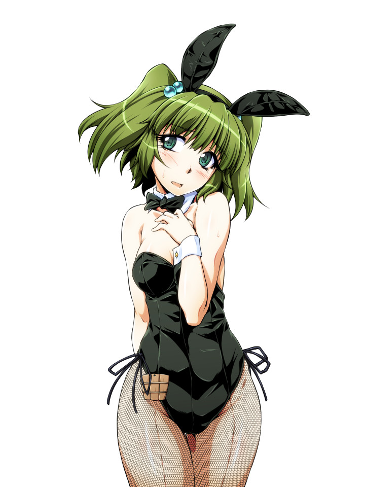 alternate_costume animal_ears bad_id bad_pixiv_id bare_shoulders blush bow bowtie breasts bunny_ears bunnysuit cleavage detached_collar fishnet_pantyhose fishnets green_eyes green_hair hair_bobbles hair_ornament kisume leotard medium_breasts ootsuki_wataru pantyhose short_hair side-tie_leotard simple_background solo touhou white_background wrist_cuffs