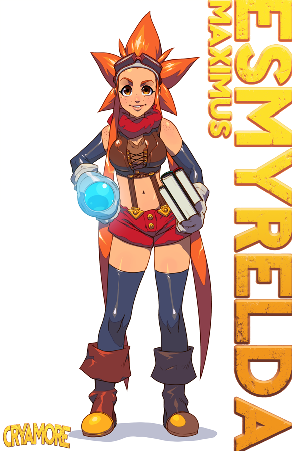 bad_source bare_shoulders black_legwear book boots breasts character_name character_profile crop_top cryamore cryamore_condenser detached_sleeves esmyrelda_maximus freckles gloves goggles goggles_on_head hairband long_hair medium_breasts midriff mismatched_footwear navel official_art orange_eyes orange_hair robert_porter shorts sidelocks solo spiked_hair suspenders thighhighs very_long_hair white_gloves