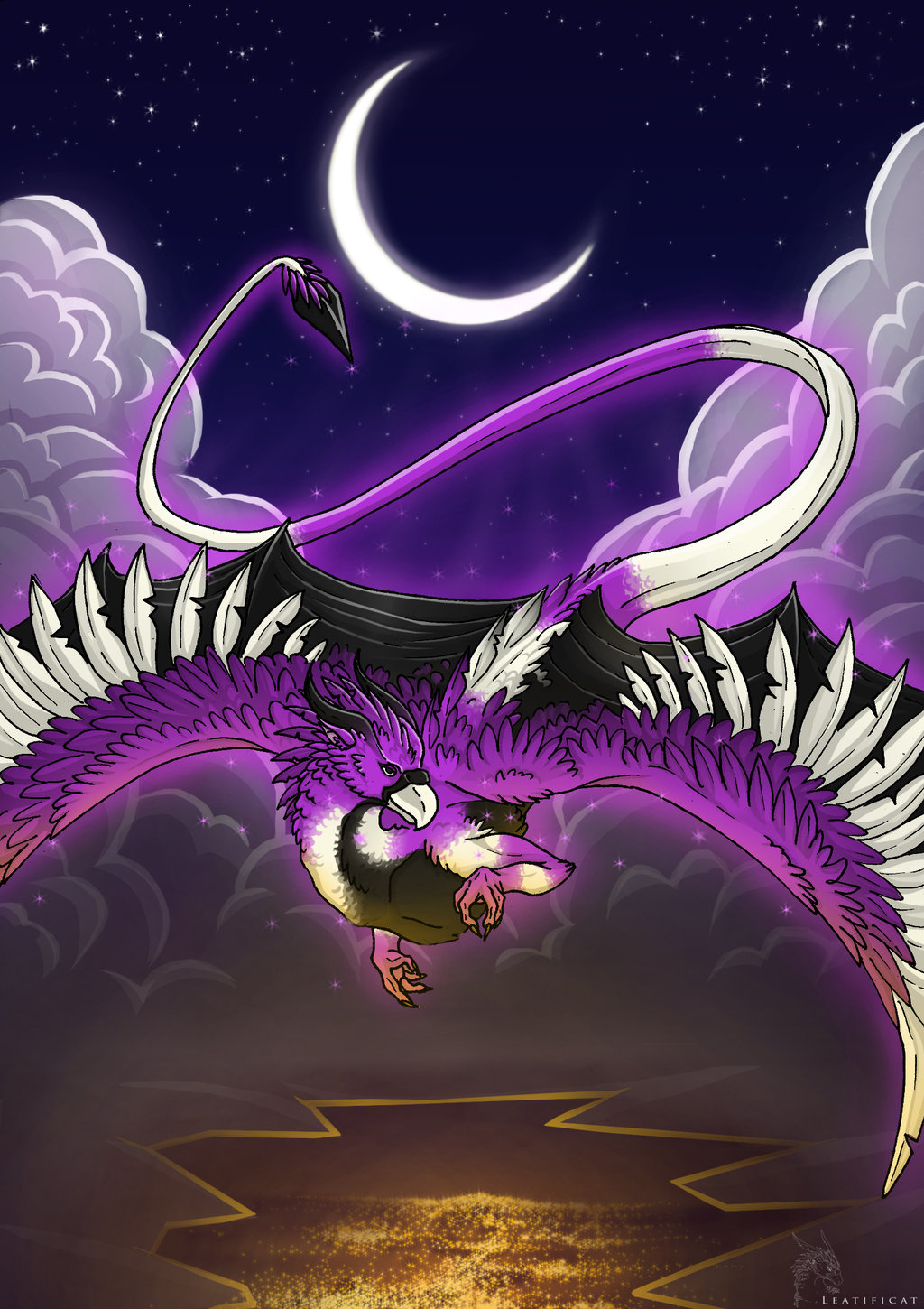 city cloud clouds feathers flying gryphon leatificat moon night night_sky purple_eyes solo stars wings