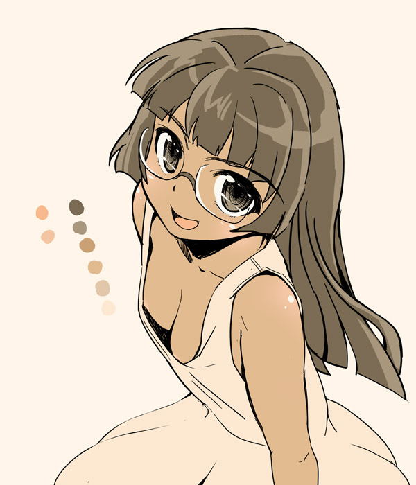 breasts brown_eyes brown_hair dark_skin downblouse glasses kubocha long_hair looking_at_viewer open_mouth original small_breasts smile solo
