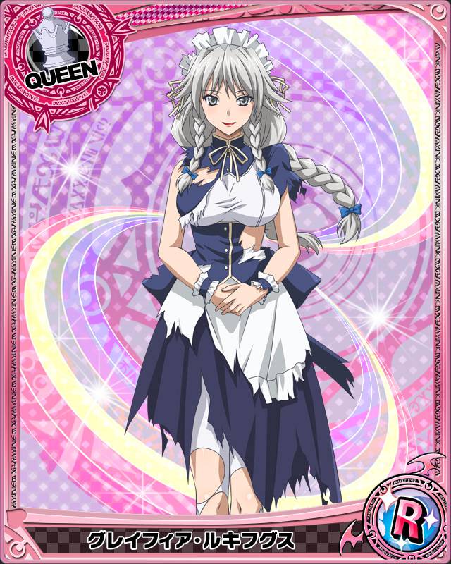 artist_request bow braid breasts card_(medium) character_name chess_piece grayfia_lucifuge hair_bow high_school_dxd large_breasts long_hair maid_headdress non-web_source official_art queen_(chess) silver_eyes silver_hair smile solo torn_clothes trading_card twin_braids
