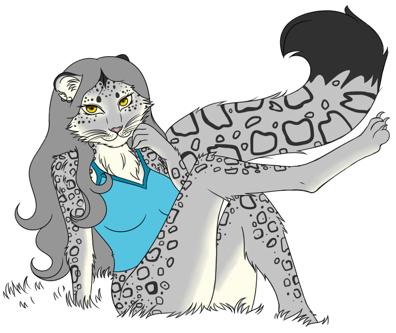 anthro camisole chest_tuft claws feline female fluffy fur fuzzy grass gray_body grey_body grey_hair hair leopard long_hair looking_at_viewer mammal piercing pose sitting sleepymomo snow_leopard solo spots toe_claws tuft whiskers yellow_eyes