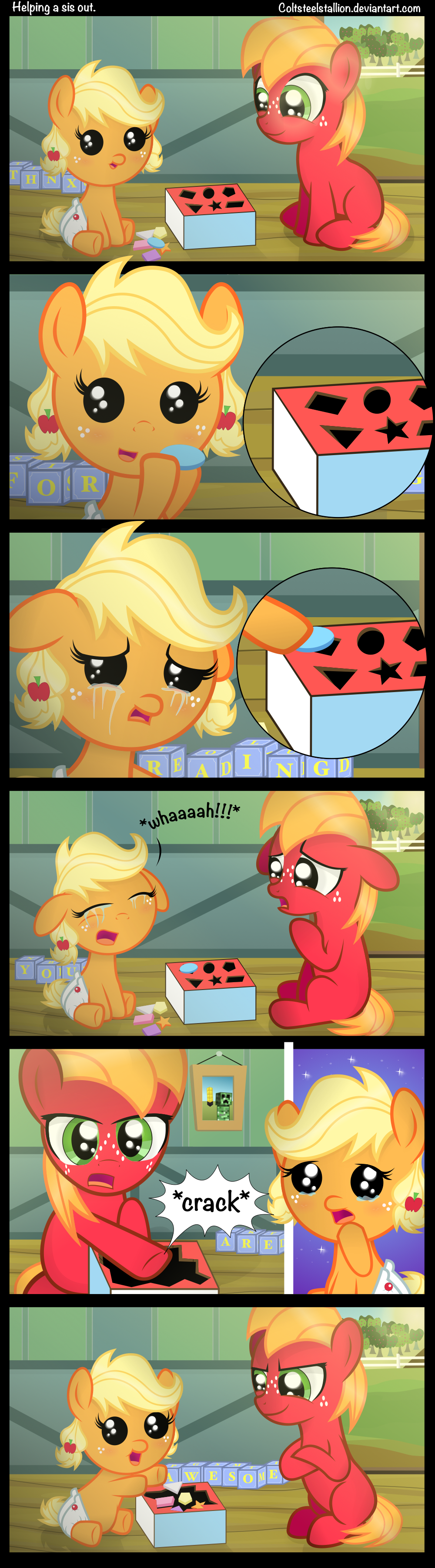amazing applejack_(mlp) big_macintosh_(mlp) blocks blonde_hair brother_and_sister coltsteelstallion creeper crying cute equine female feral freckles friendship_is_magic good_brother green_eyes hair horse male mammal minecraft my_little_pony pigtails pony roosterteeth sibling subliminal_message tears tower_of_pimps toy video_games young