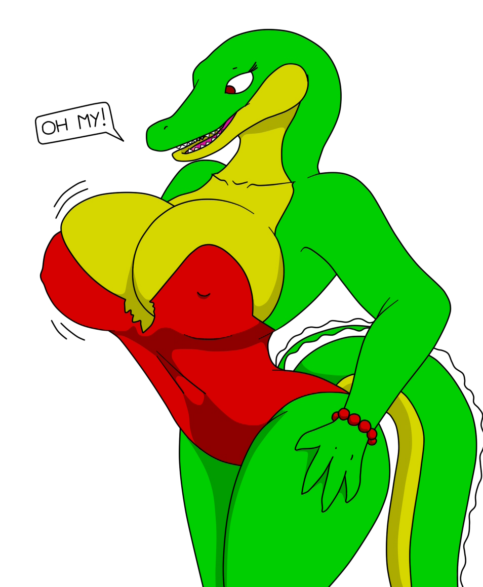 big_breasts breast_expansion breasts clothing dress erect_nipples female ghforever hand_on_hip nipples reptile scalie text the_first_funky_fighter tight_clothing wardrobe_malfunction