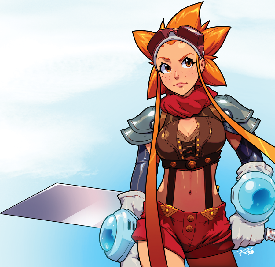 arm_behind_back bandana breasts cleavage commentary crop_top cryamore cryamore_condenser detached_sleeves esmyrelda_maximus freckles gloves goggles goggles_on_head lips long_hair medium_breasts midriff navel neckerchief official_art orange_eyes orange_hair pauldrons robert_porter shorts sidelocks solo spiked_hair suspenders sword weapon white_gloves