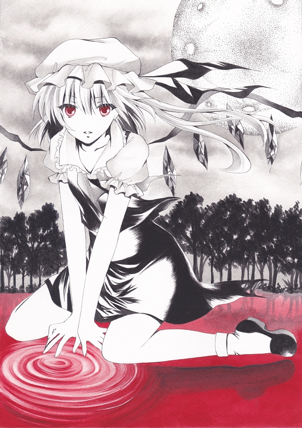 acrylic_paint_(medium) ankle_socks bad_id bad_pixiv_id cloud cloudy_sky flandre_scarlet full_moon greyscale hadzu@_(hadukinn120) hat looking_at_viewer millipen_(medium) mob_cap monochrome moon parted_lips puffy_short_sleeves puffy_sleeves red_eyes reflection ripples short_hair short_sleeves side_ponytail sitting skirt skirt_set sky solo spot_color touhou traditional_media tree wariza wings