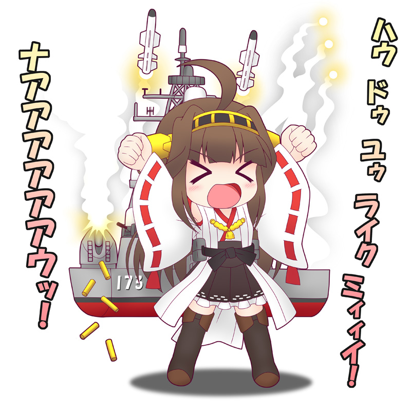 &gt;_&lt; ahoge arms_up brown_hair closed_eyes detached_sleeves firing flare hair_ornament hairband headgear huge_ahoge japan_maritime_self-defense_force japan_self-defense_force japanese_clothes kantai_collection kongou_(jmsdf) kongou_(kantai_collection) long_hair metal_wolf_chaos military missile no_nose object_namesake open_mouth president_michael_wilson shell_casing skirt solo stolas_(lemegeton) thighhighs wide_sleeves
