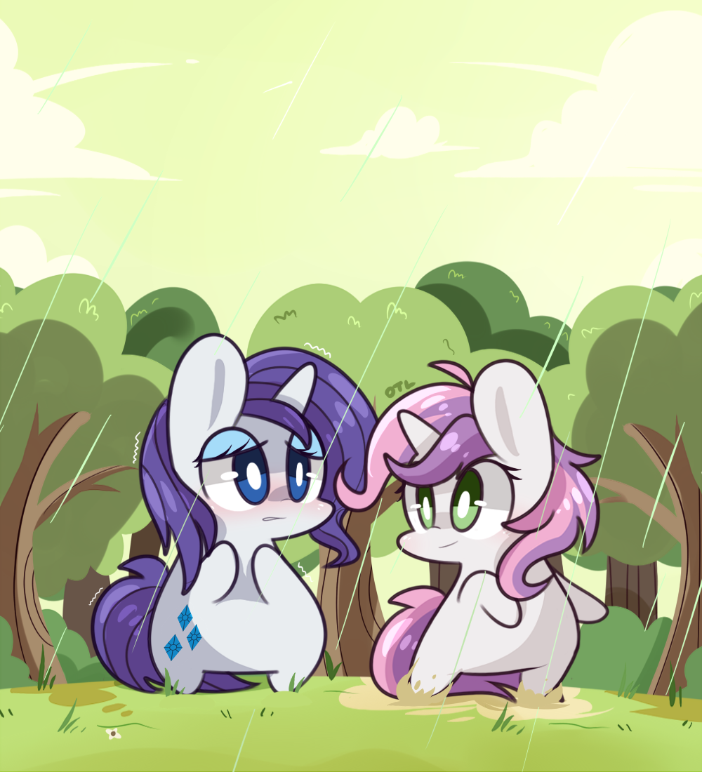 chubby cub cute cutie_mark duo equine eyeshadow female feral forest friendship_is_magic fur grass green_eyes hair horn horse lifeloser long_hair makeup mammal mud my_little_pony open_mouth outside pony purple_hair rain rarity_(mlp) sky smile sweetie_belle_(mlp) tree two_tone_hair unicorn wet white_fur young