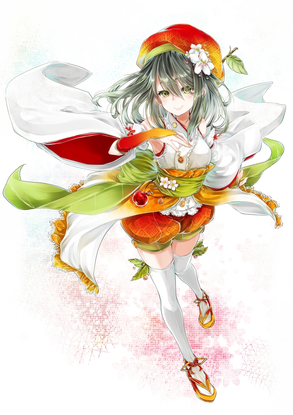 aomori_prefecture bad_id bad_pixiv_id flower green_eyes hair_flower hair_ornament hat highres locadol_promotion long_hair looking_at_viewer original sandals smile solo standing thighhighs white_legwear yokiri zettai_ryouiki