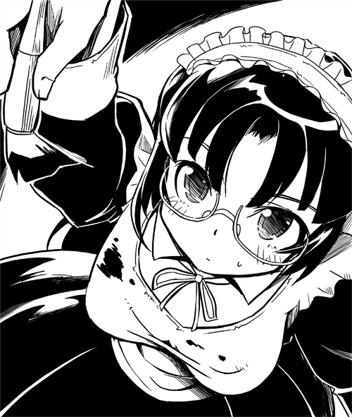 blush breasts brush from_above glasses greyscale kubocha looking_up maid medium_breasts monochrome original solo