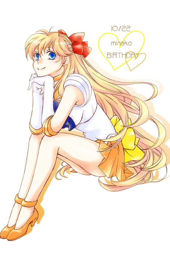 aino_minako back_bow bishoujo_senshi_sailor_moon blonde_hair blue_eyes bow chin_rest choker dated earrings elbow_gloves full_body gloves hair_bow half_updo happy_birthday heart high_heels jewelry long_hair magical_girl moka_(une-corolle) orange_choker orange_skirt red_bow sailor_senshi_uniform sailor_venus simple_background sitting skirt smile solo strappy_heels tiara white_background white_gloves