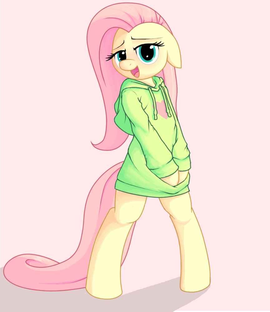 &lt;3 anthro anthrofied apony bipedal blue_eyes bottomless clothing equine female fluttershy_(mlp) friendship_is_magic fur hair hoodie horse looking_at_viewer mammal my_little_pony open_mouth pink_hair pony solo sweater yellow_fur
