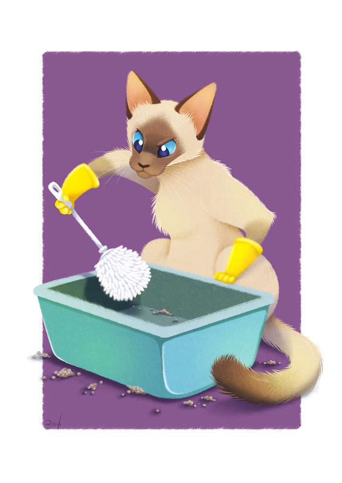 2018 ambiguous_gender blue_eyes blue_sclera cat cleaning clothing digital_media_(artwork) dipstick_tail feline fur gloves holding_object humor latex_gloves litter_box mammal multicolored_tail purple_background signature simple_background solo tan_fur toilet_brush vaporotem whiskers