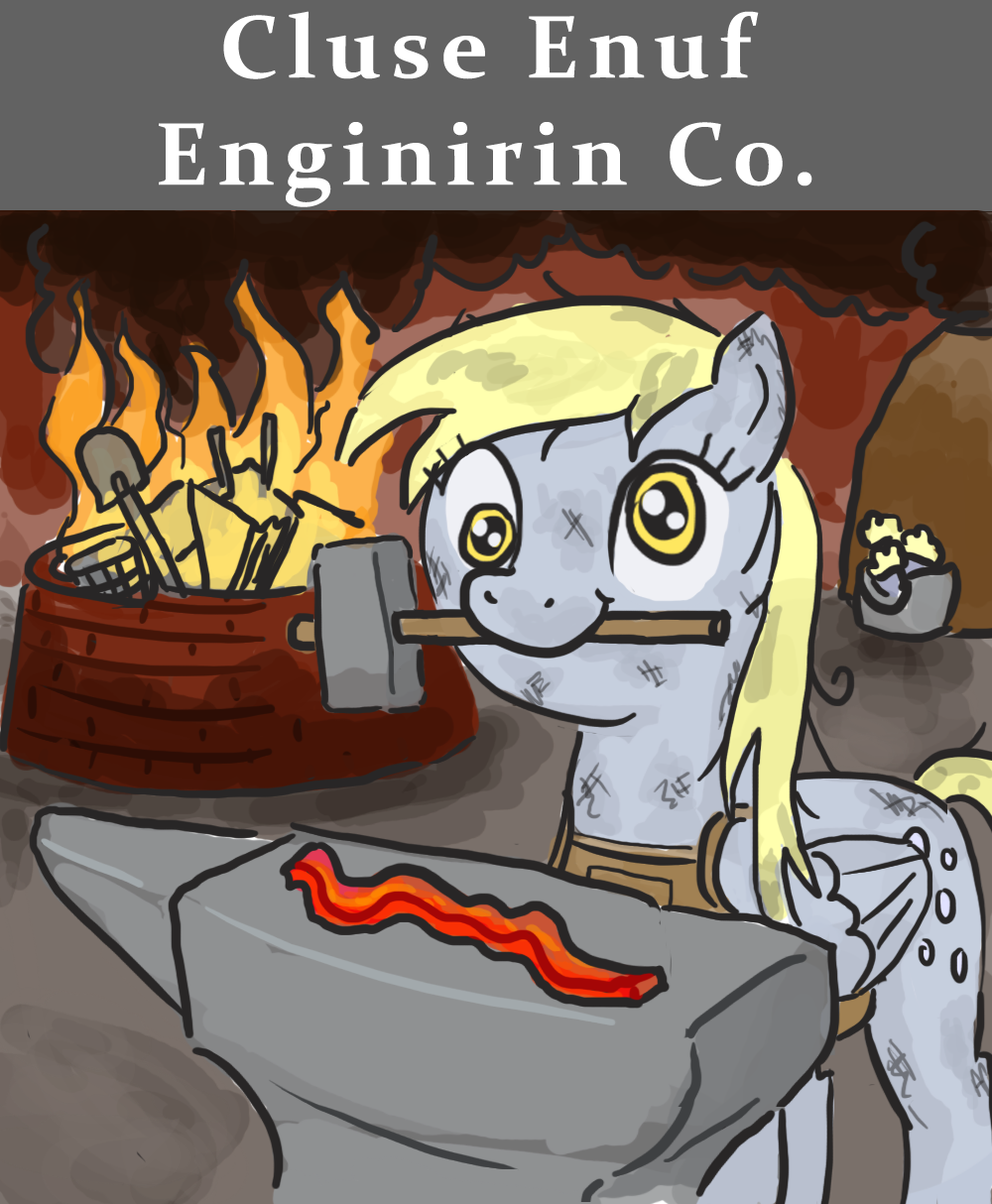 anvil apron bacon blacksmith blonde_hair clothing cutie_mark derpy_hooves_(mlp) english_text equine female feral fire food friendship_is_magic fur grey_fur hair hammer horse king-kakapo long_hair looking_at_viewer mammal meat my_little_pony pegasus pony shovel smile smoke solo text tools wings yellow_eyes