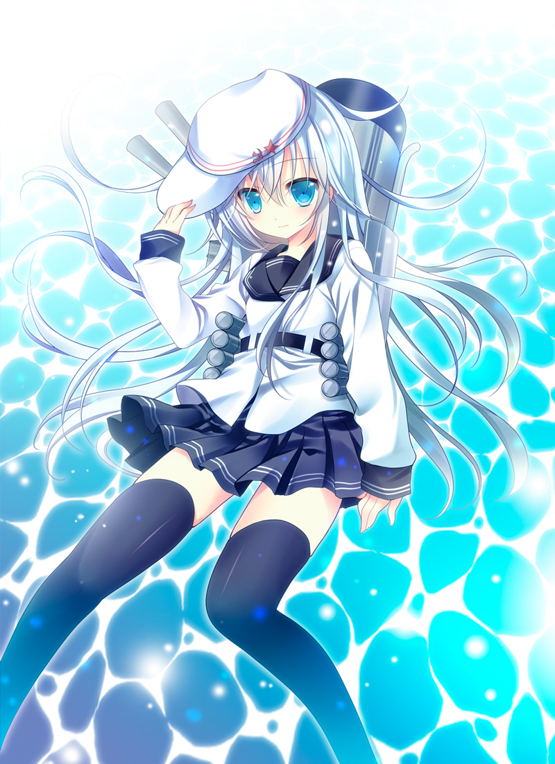 black_legwear blue_eyes blush cannon hammer_and_sickle hat hat_tip hibiki_(kantai_collection) kantai_collection long_hair looking_at_viewer pleated_skirt school_uniform serafuku shirogane_hina silver_hair skirt smile solo thighhighs verniy_(kantai_collection)