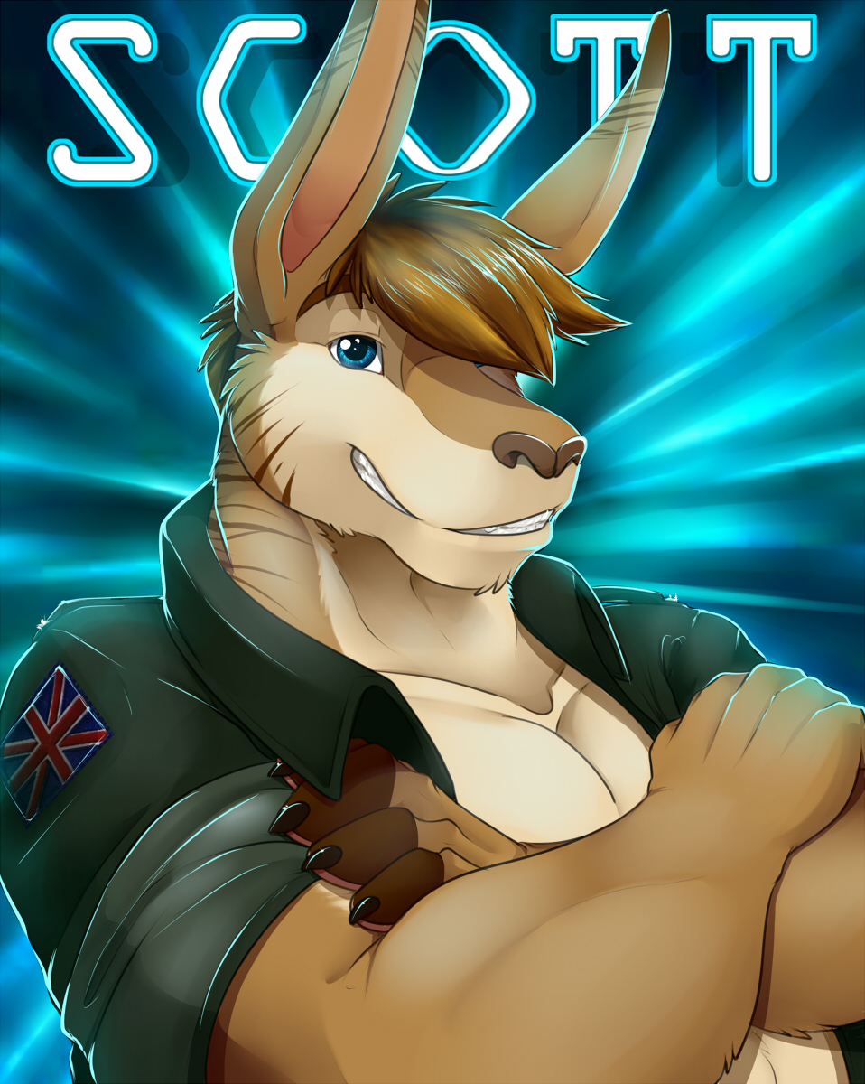 abstract_background anthro biceps blue_eyes brown_fur brown_hair brown_nose bust claws clothing crossed_arms fangs fasttrack37d fur grin hair headshot kangaroo looking_at_viewer male mammal marsupial muscles open_jacket open_shirt pecs portrait pose scott shirt smile solo tan_fur teeth union_jack united_kingdom