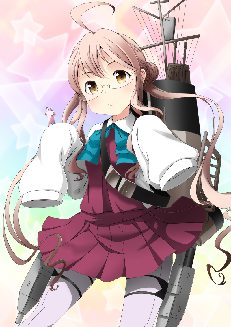 ahoge glasses kantai_collection long_hair long_sleeves looking_at_viewer makigumo_(kantai_collection) md5_mismatch nekota_susumu open_mouth oversized_clothes pantyhose pink_hair purple_skirt ribbon sketch skirt sleeves_past_fingers sleeves_past_wrists solo twintails yellow_eyes