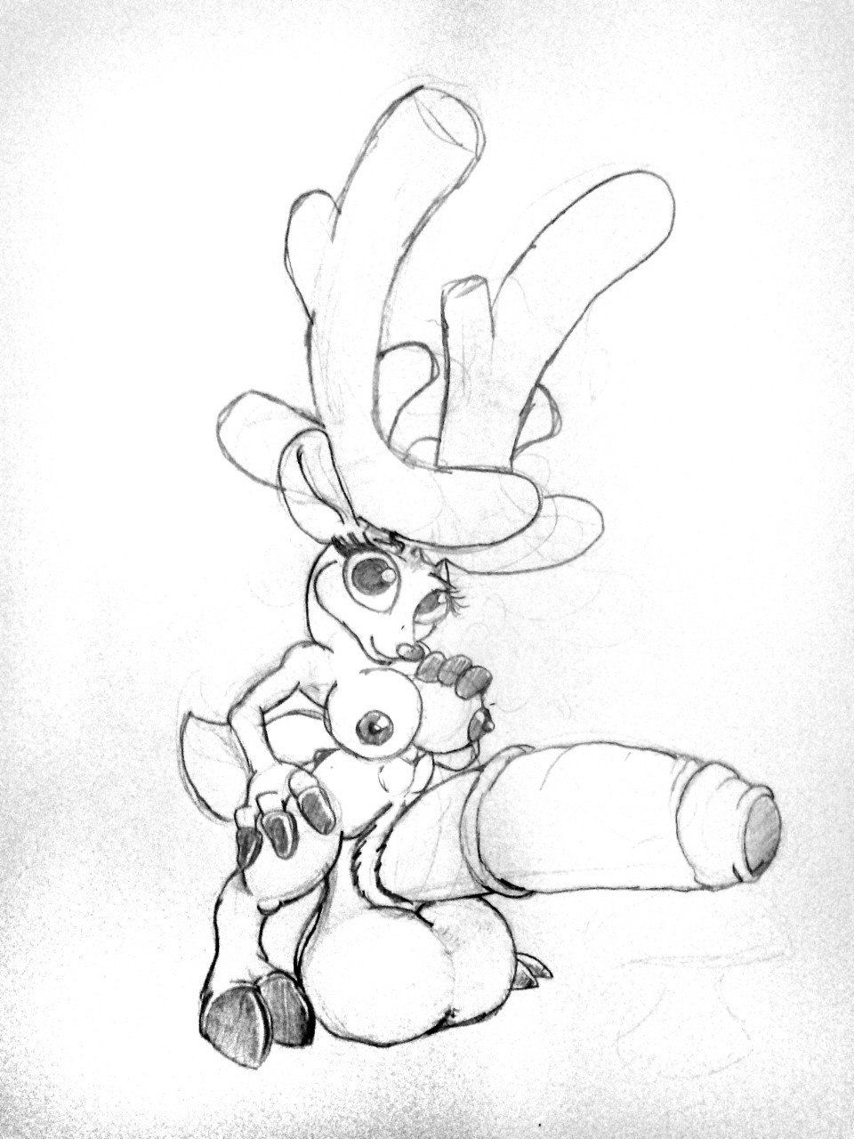 anthro balls big_balls big_breasts black_and_white breasts cervine dickgirl eyelashes huge_balls hyper hyper_penis intersex looking_at_viewer mammal miscell monochrome nipples nude penis simple_background sketch solo standing uncut white_background