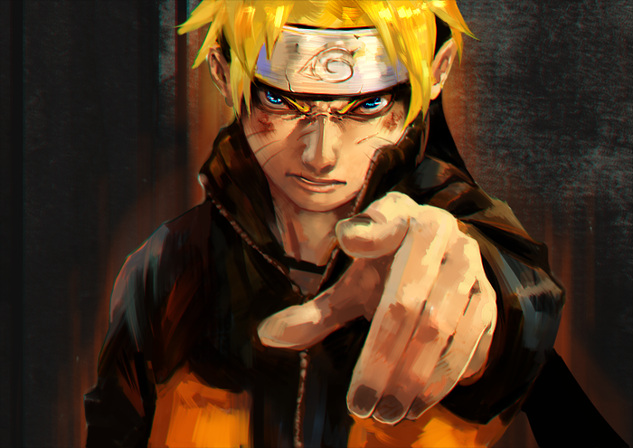 1boy blonde_hair blue_eyes colored derivative_work forehead_protector headband looking_at_viewer male male_focus naruto pointing schouher solo uzumaki_naruto