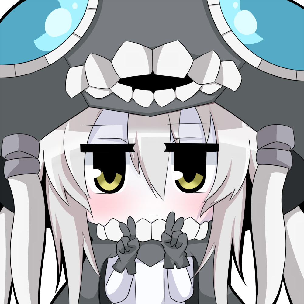 :| chibi close-up closed_mouth double_v kantai_collection looking_at_viewer monster pale_skin shinkaisei-kan silver_hair solo twumi v wo-class_aircraft_carrier yellow_eyes
