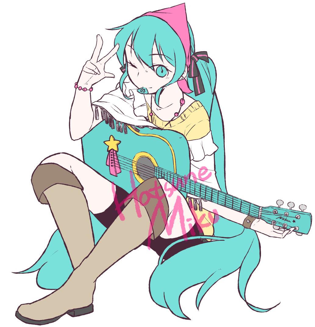 ;) acoustic_guitar aqua_eyes aqua_hair bad_id bad_pixiv_id boots brown_footwear character_name collar full_body guitar hatsune_miku head_scarf instrument knee_boots knees_up long_hair looking_at_viewer mouth_hold one_eye_closed plectrum simple_background sitting smile solo v very_long_hair vocaloid white_background