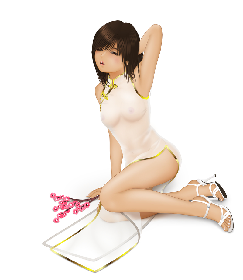 1girl acerbi adjusting_hair blush breasts brown_eyes brown_hair chinese_clothes female flower high_heels long_hair looking_at_viewer nipples open_mouth open_shoes see-through see-through_silhouette sitting solo yokozuwari