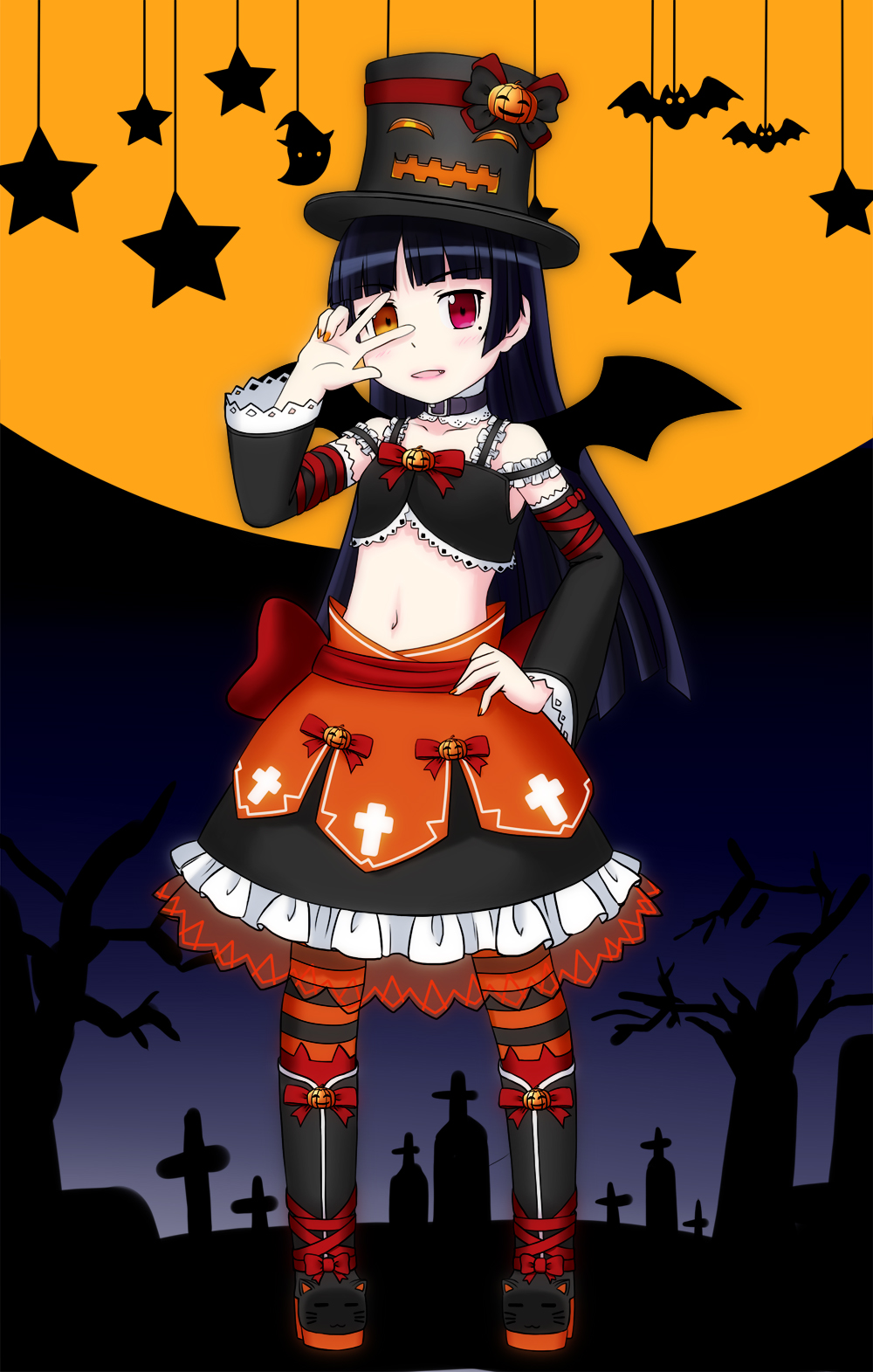 bat_wings black_hair gokou_ruri graveyard halloween hand_on_hip hat heterochromia highres ichiki_(seedsam) jack-o'-lantern long_hair midriff mole mole_under_eye navel orange_eyes ore_no_imouto_ga_konna_ni_kawaii_wake_ga_nai pantyhose pumpkin red_eyes silhouette striped striped_legwear tombstone top_hat tree v v_over_eye wings